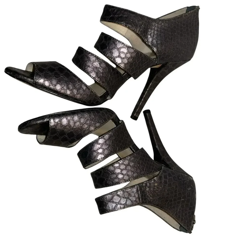 Michael Kors Metallic Pewter Strappy Cage Sandal Snake Back Zip Size 7